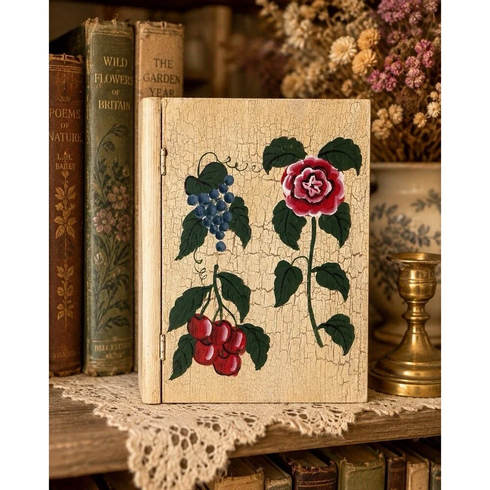 Cottagecore Floral Faux Book Box Hand Painted Crackle Finish Hidden Storage
